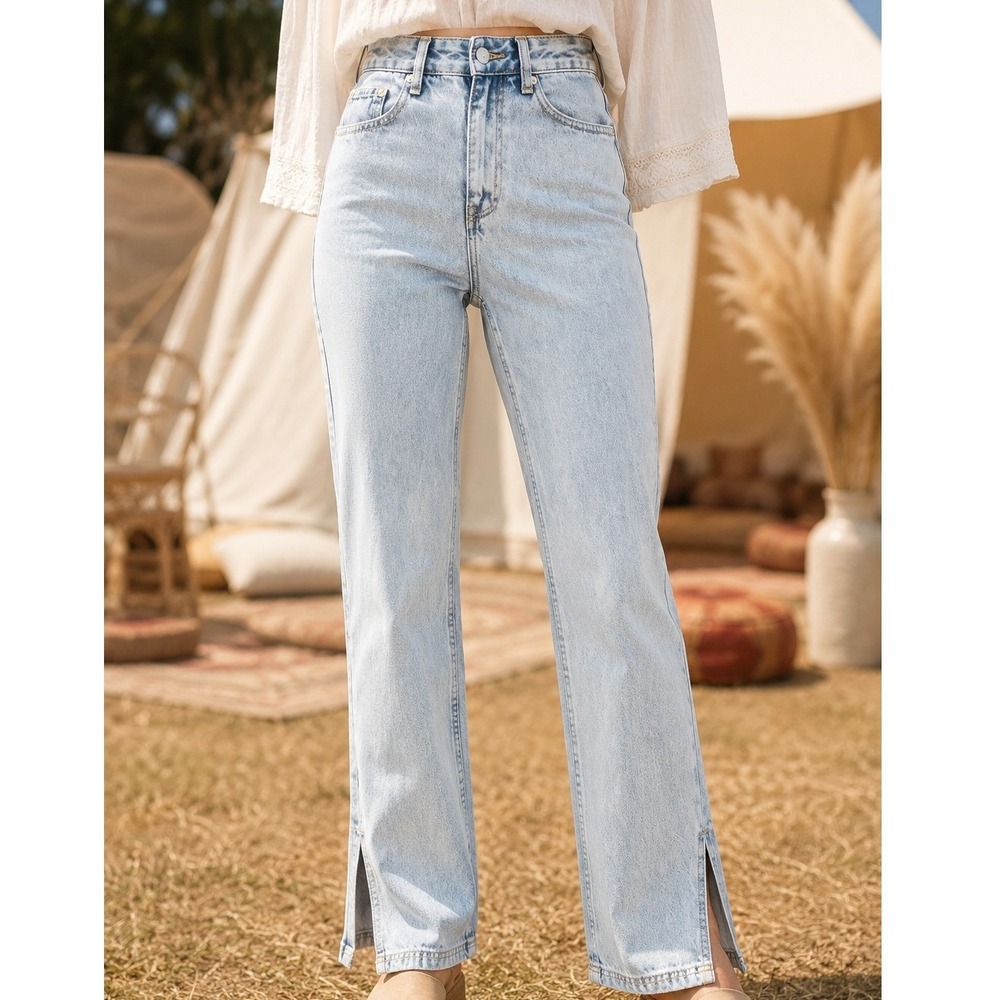 White Fox Womens Light Wash High Rise Straight Leg Split Hem Jeans Size S tall